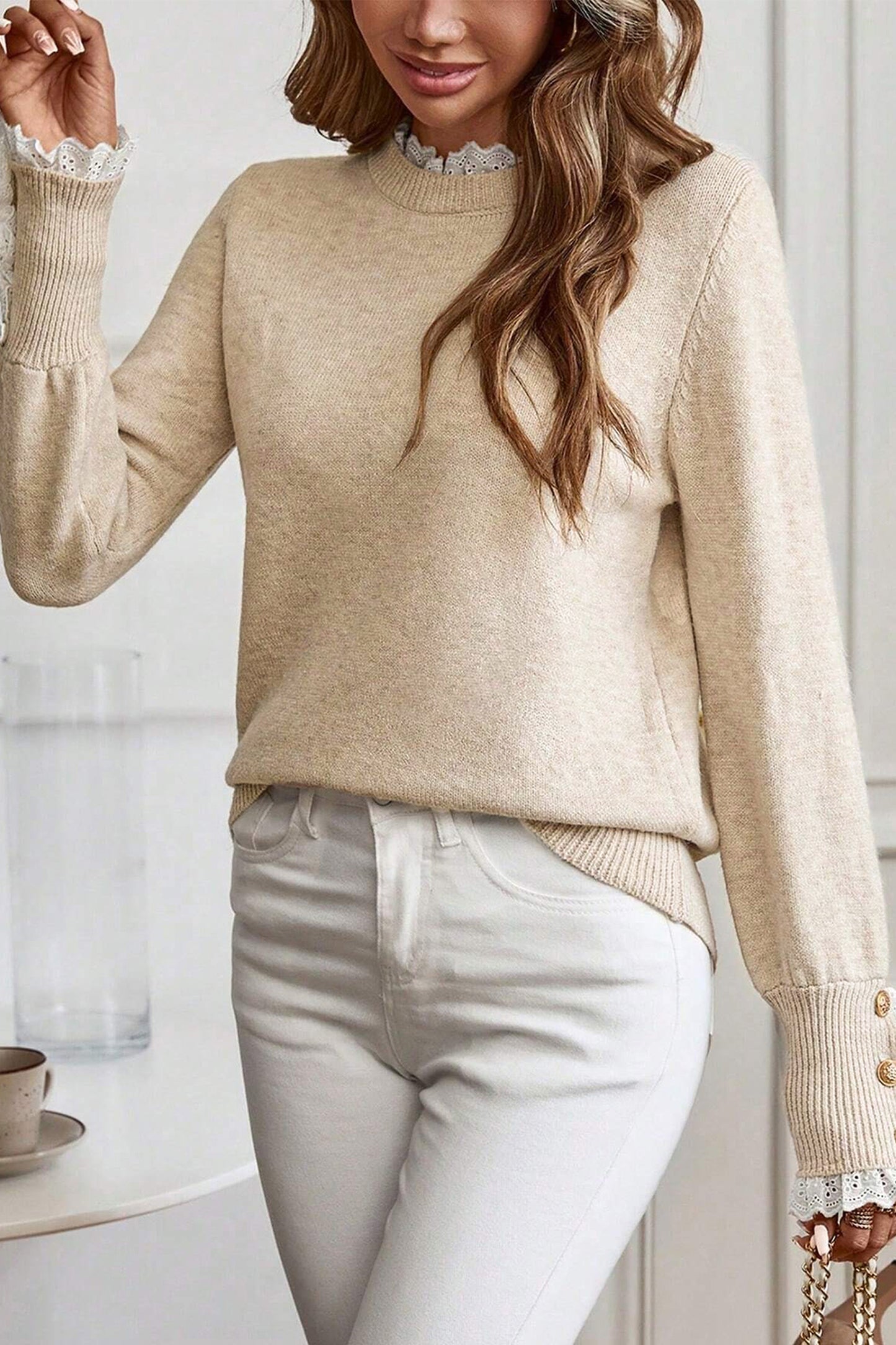 Racing Red Lace Trim Patchwork Buttoned Cuffs Loose Sweater