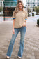 Brown Stripe Short Puff Sleeve Contrast Trim Round Neck Tee