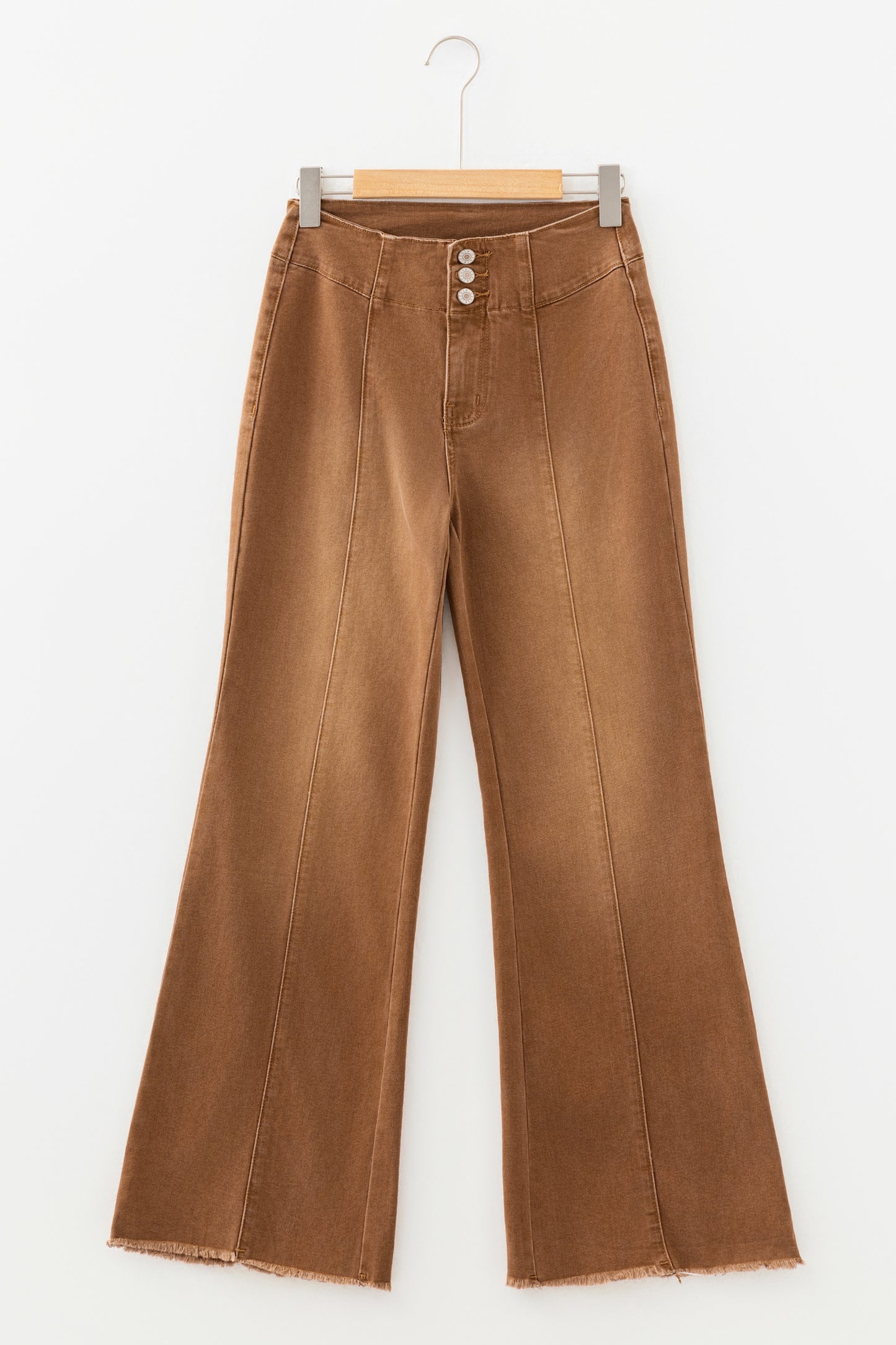 Sail Blue High Waist Button Fly Seamed Raw Hem Flare Jeans