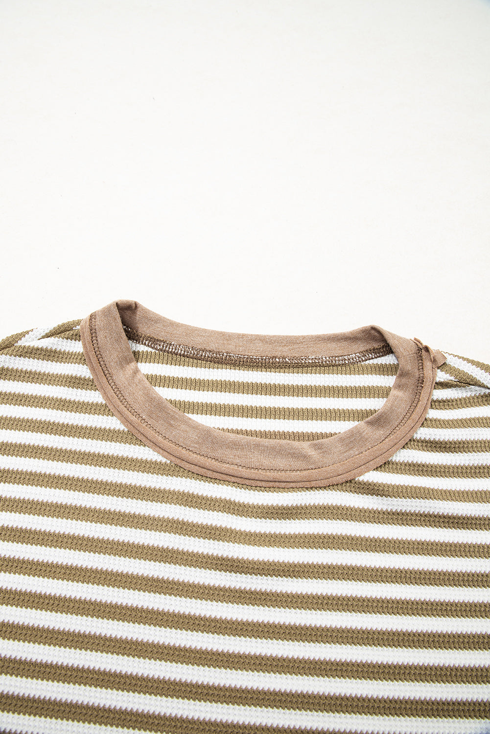 Black Stripe Thermal Knit Drop Shoulder Casual Top