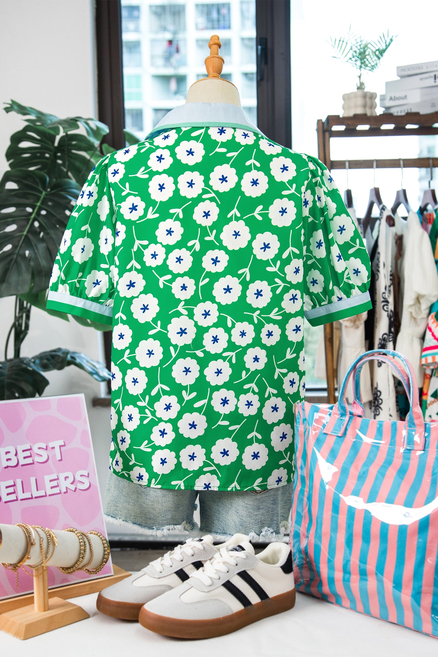 Green Flower Printed Contrast Patchwork Collar Short Sleeve Blouse