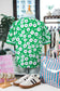 Green Flower Printed Contrast Patchwork Collar Short Sleeve Blouse