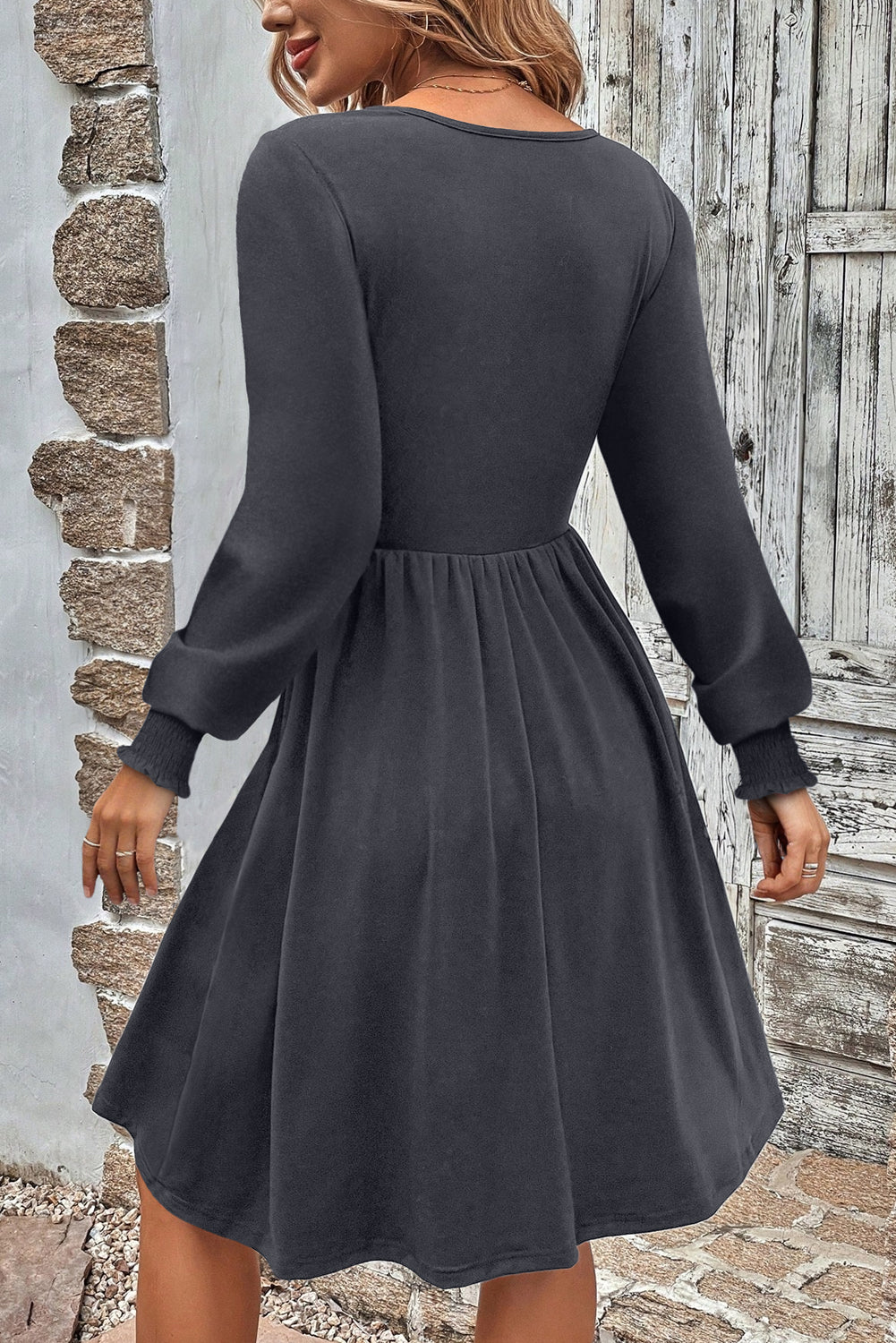 Canton Shirred Cuff Long Sleeve Button Round Neck Mini Dress