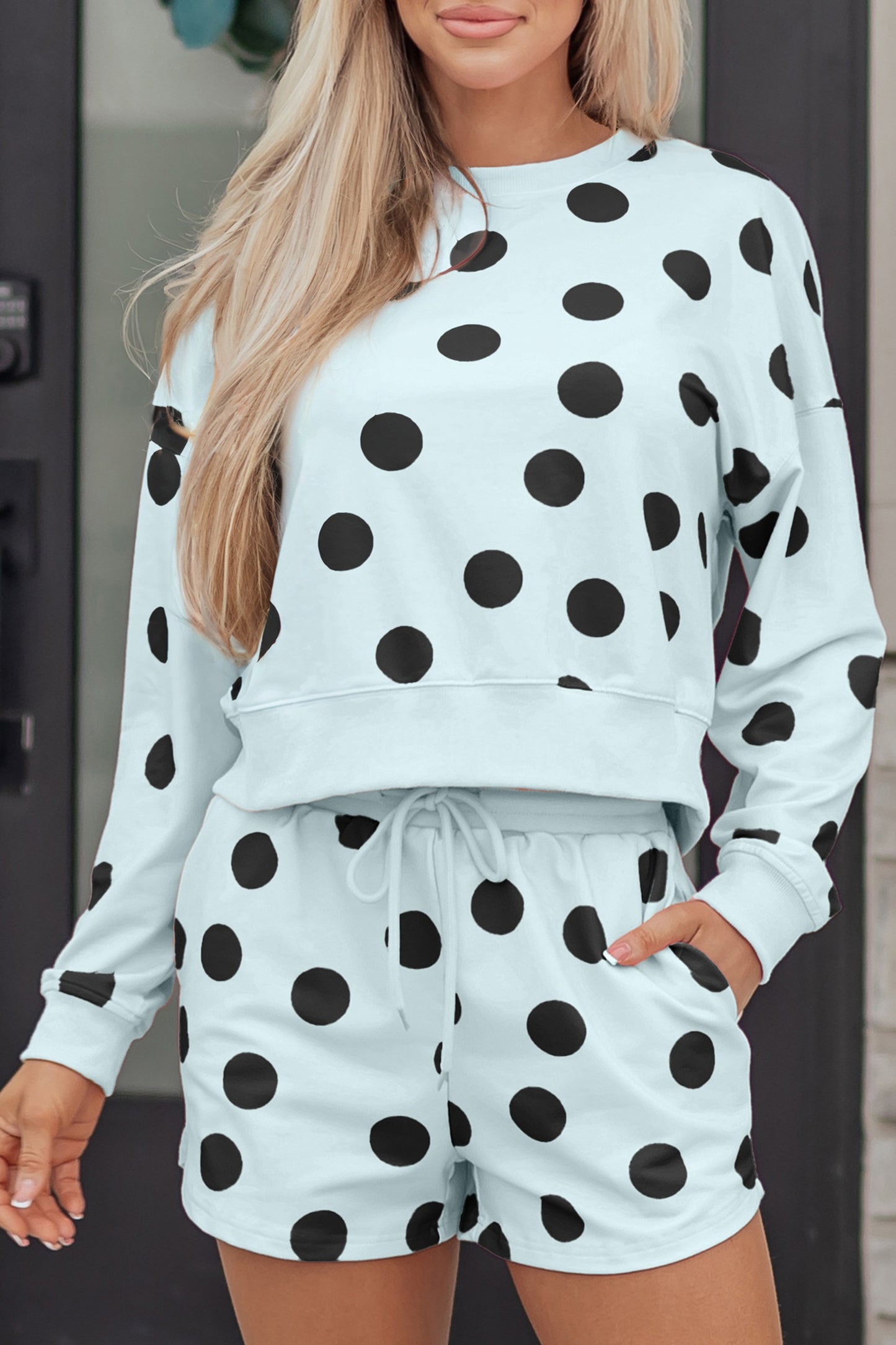 Sky Blue Polka Dot Print Drop Shoulder Pullover Drawstring Shorts Set