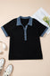 Black Plus Size Textured Contrast Denim Patchwork Button Polo Tee