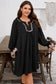 Black Plus Size Notched Neck Leopard Trim Flounce Long Sleeve Shift Dress