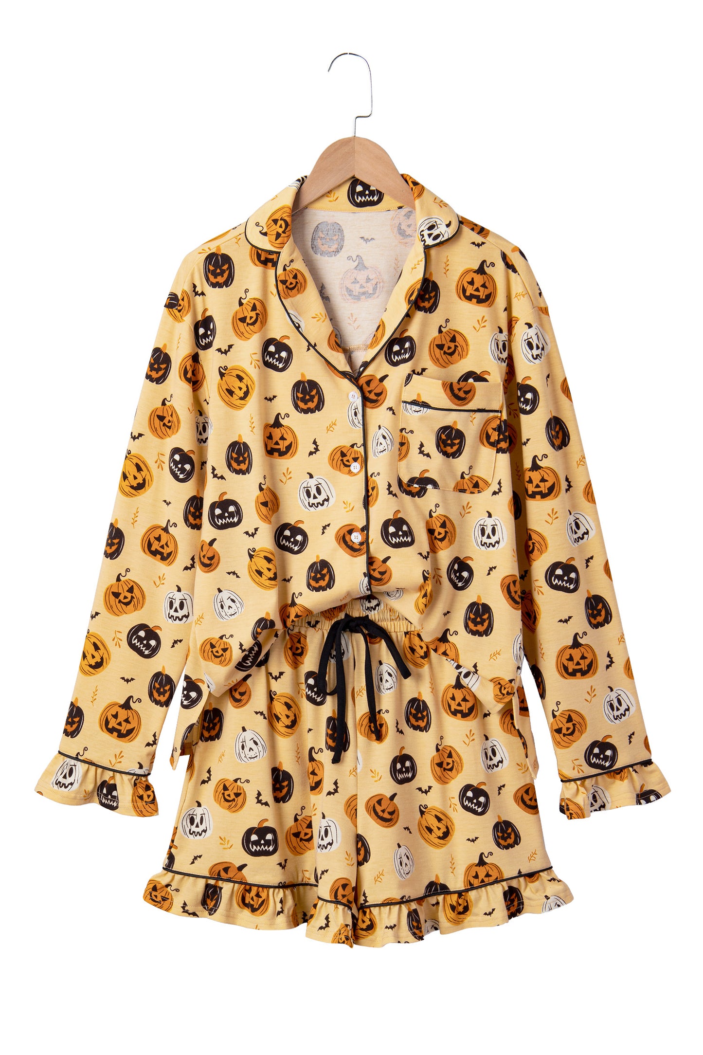 Orange Long Sleeve Ruffle Pumpkin Face Print Two Piece Lounge Set