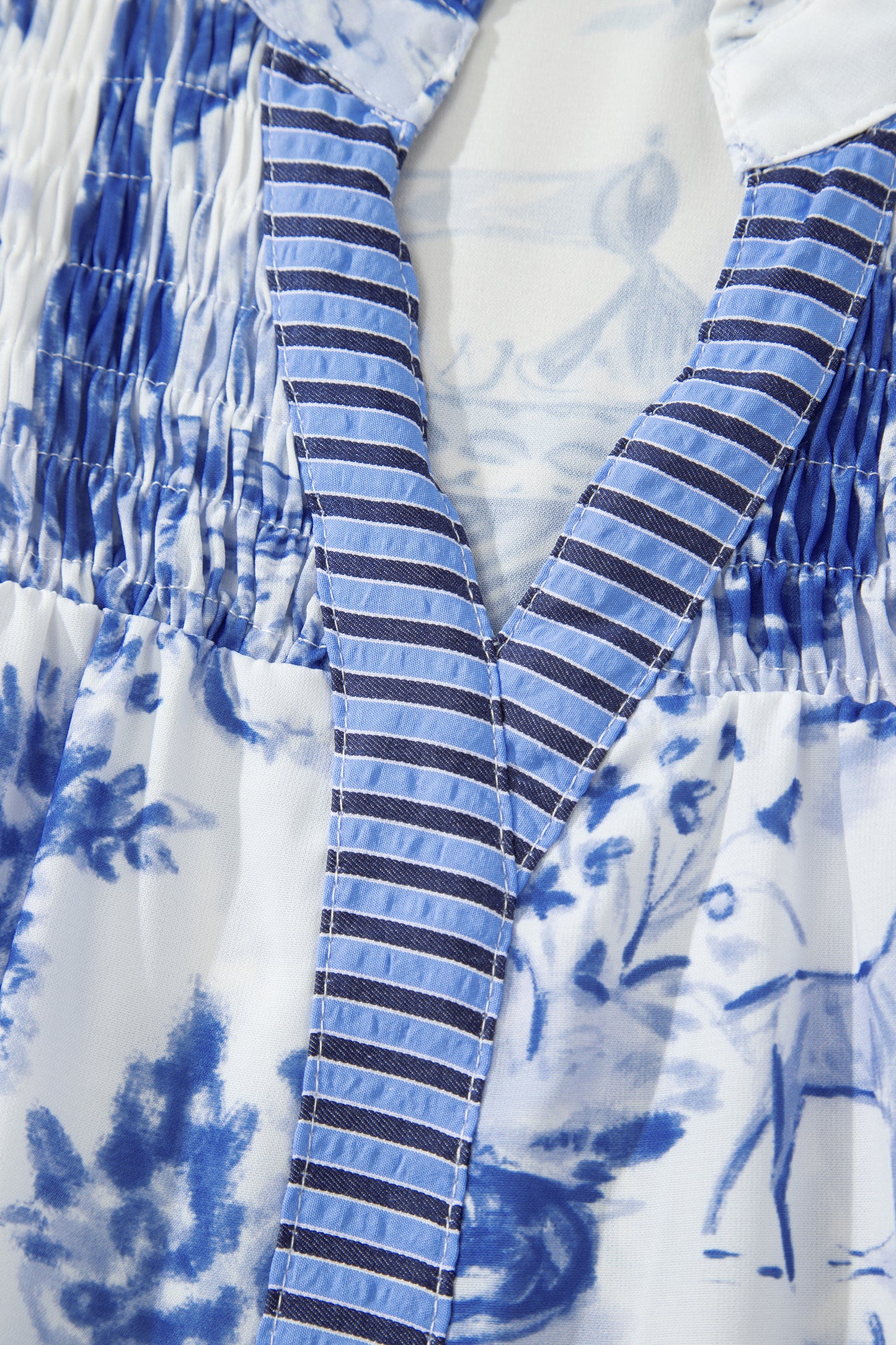 Blue Wild Animal Paradise Striped Detail V Neck Blouse