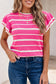 Rose Stripe Double Ruffle Short Sleeve Lightweight Knit Sweater