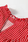 Red Stripe Ruffled Short Puff Sleeve Button Front Blouse