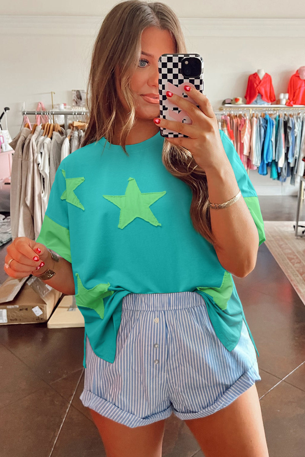 Aruba Blue Frayed Denim Star Patched Oversize T Shirt
