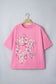 Bright Pink Floral Patched Raw Seam Big Flower Oversize Tee