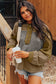 Jungle Green Mixed Texture Patchwork Exposed Seam Half Button Pullover Hooded Sweatshirt