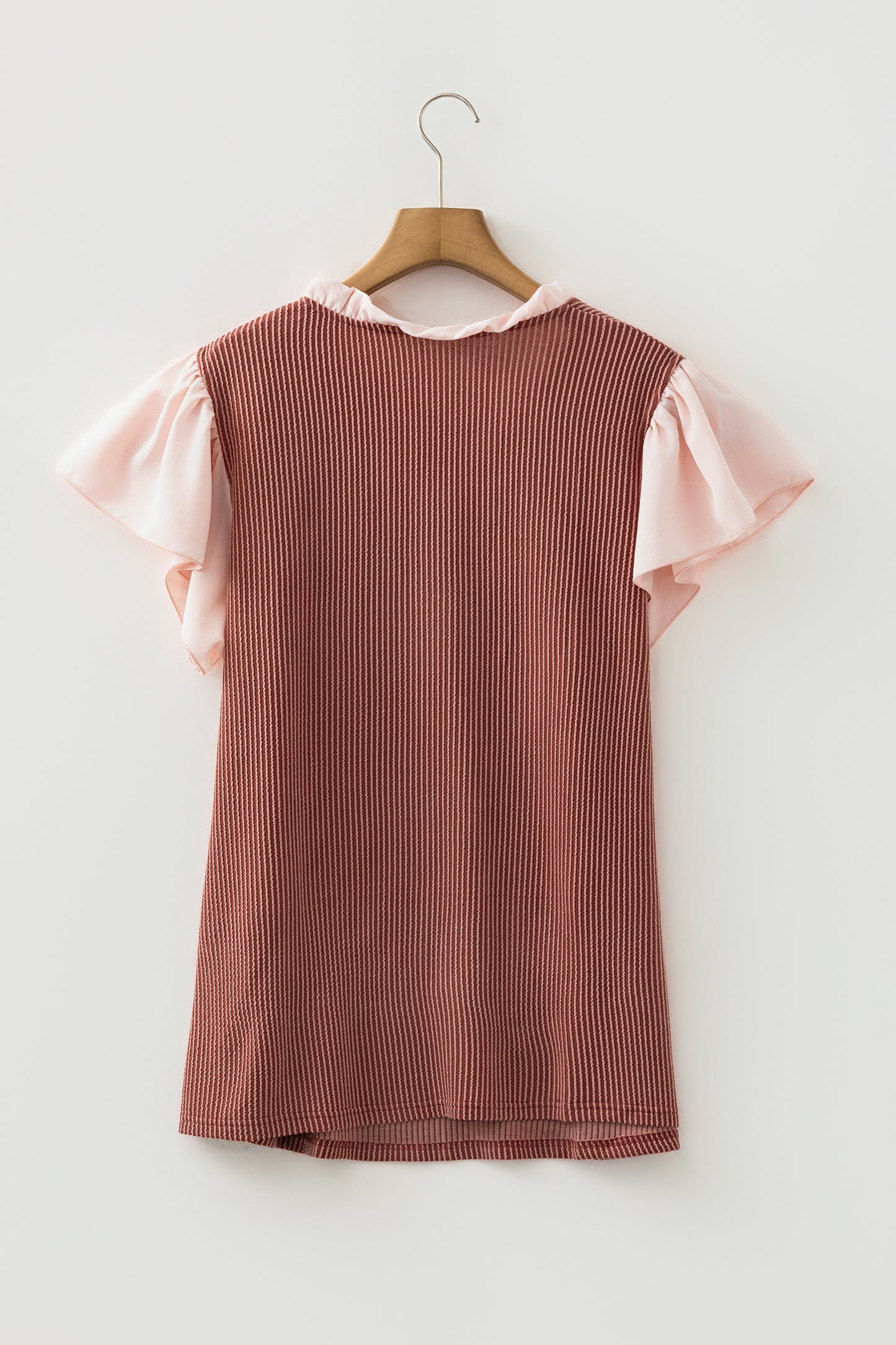 Fushia Plus Size Contrast Frilled Neckline Ruffled Short Sleeve Ribbed Textured Blouse