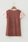 Fushia Plus Size Contrast Frilled Neckline Ruffled Short Sleeve Ribbed Textured Blouse