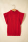 Tomato Red Cable Knit Turtleneck Ruffled Short Sleeve Sweater