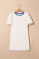Beige Stripe Seersucker Contrast Round Neck Puff Sleeve T Shirt Dress