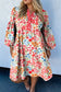 Khaki Plus Size Button V Neck Leopard Print Puff Sleeve Loose Mini Dress