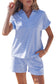 Sky Blue Stripe Dolman Sleeve Polo Shirt and Drawstring Shorts Set