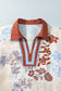 White Plus Size Floral Print Contrast Collar V Neck Long Sleeve Blouse