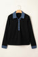 Black Textured Knit Denim Patchwork Button Polo Collar Long Sleeve Top