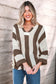 Red Stripe Colorblock V Neck Bracelet Sleeve Sweater