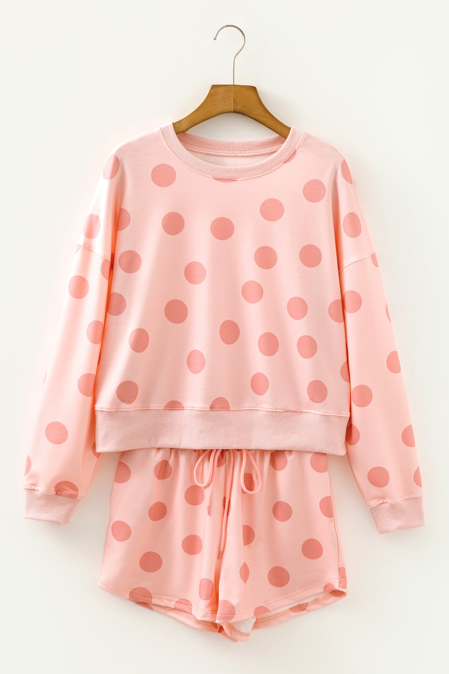 Sky Blue Polka Dot Print Drop Shoulder Pullover Drawstring Shorts Set