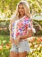 White Floral Colorblock Striped Edge V Neck Knotted Short Sleeve Blouse