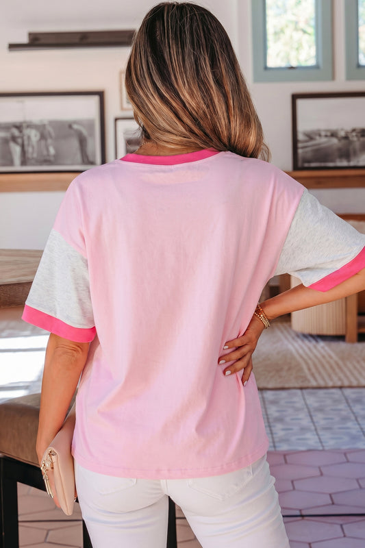 Gossamer Pink Embroidered Bow Detail Color Block Loose Tee