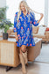 Blue Floral Print Button Detail 3/4 Puff Sleeve Ruffle Hem Dress