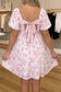 Pink Floral Print Square Neck Ribbon Knot Back Cute Mini Dress