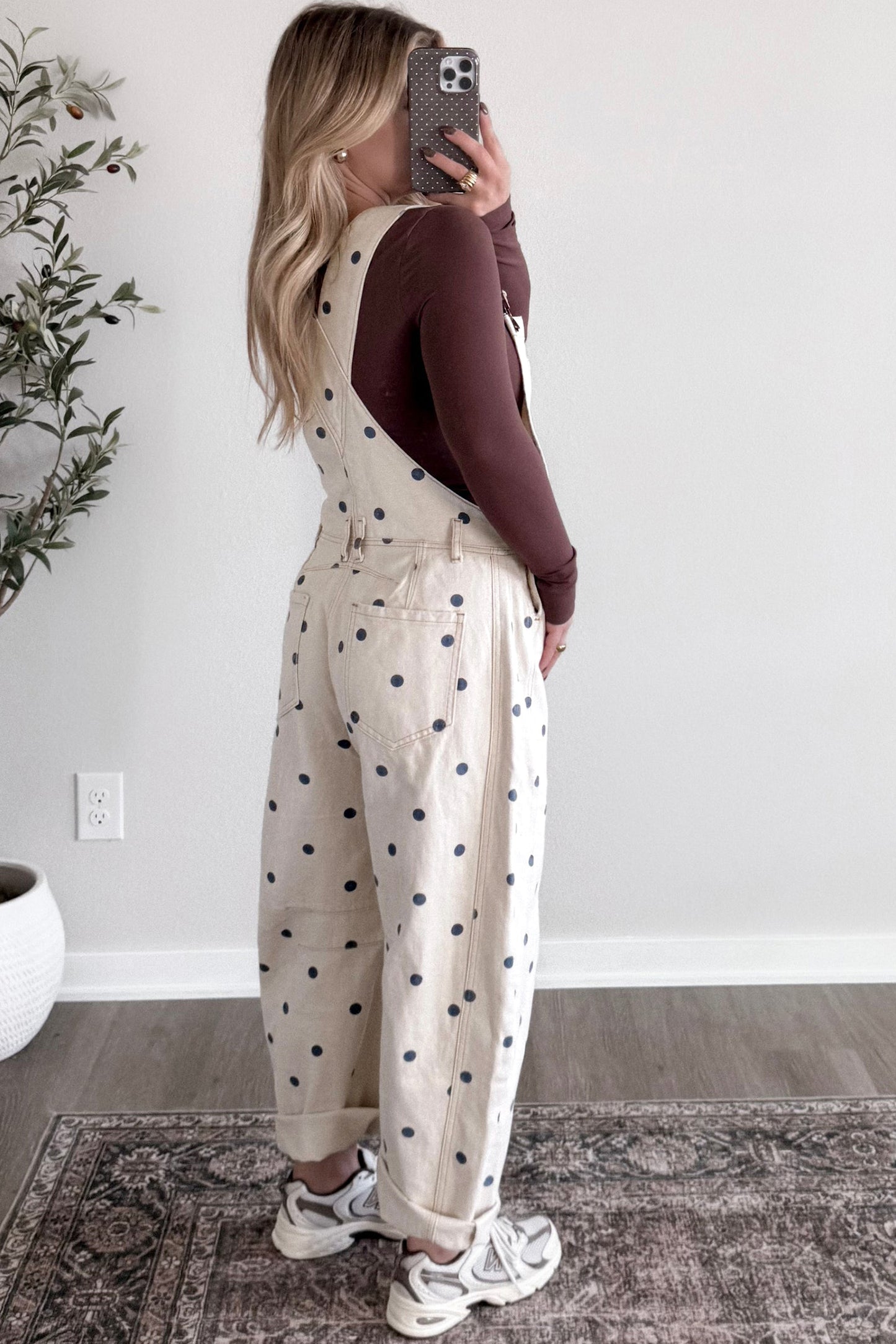 Jet Stream Polka Dot Print Bib Pocket Denim Barrel Overalls Jumpsuit