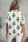 Beige Floral Print Shirred Split Neck Short Sleeve Blouse