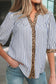 Pink Stripe Leopard Trim V Neck Button Down Half Sleeve Shirt