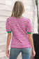 Brown Stripe Short Puff Sleeve Contrast Trim Round Neck Tee