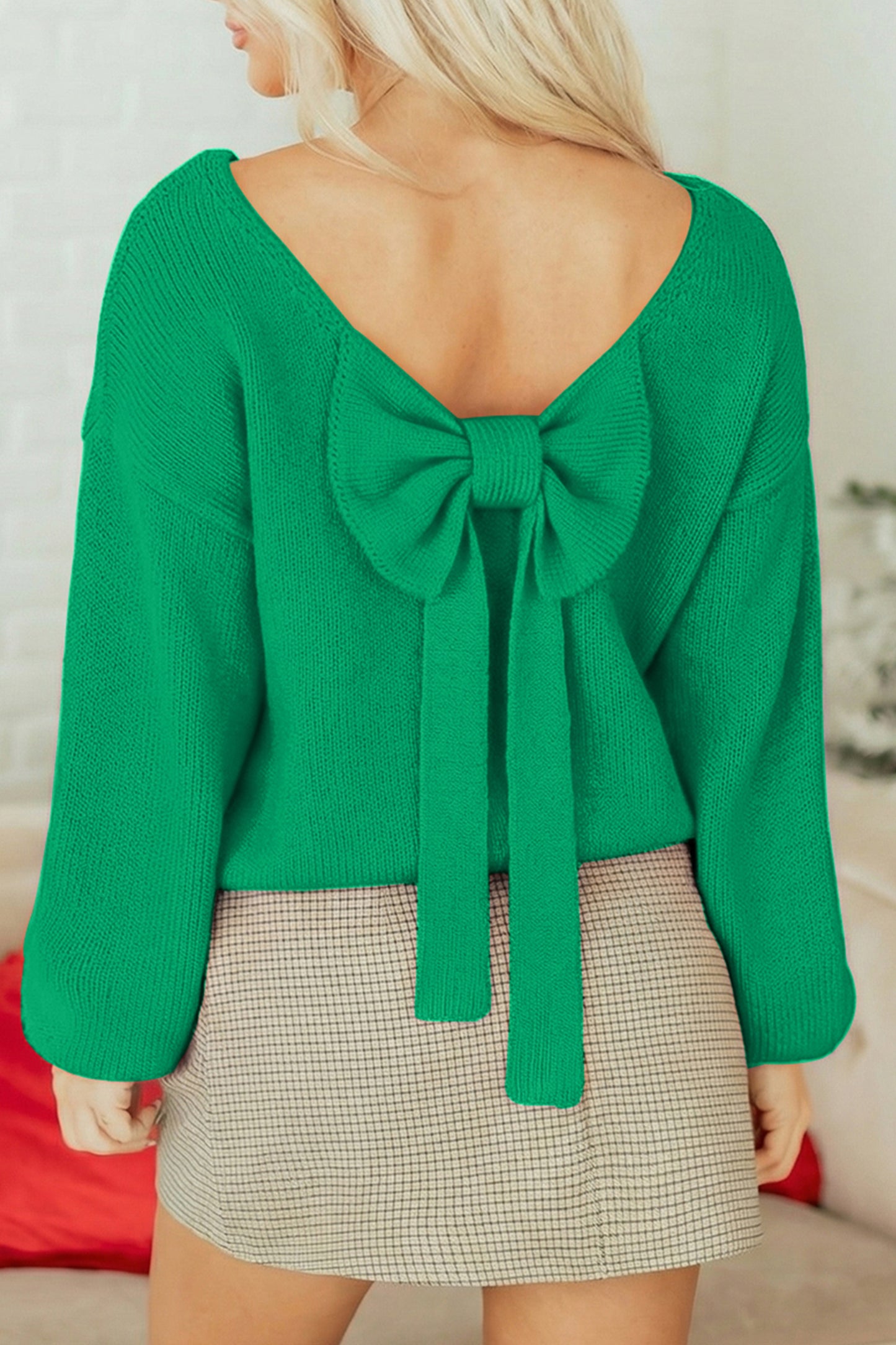 Bright Green Festive Bow Backless Bubble Sleeve Sweater