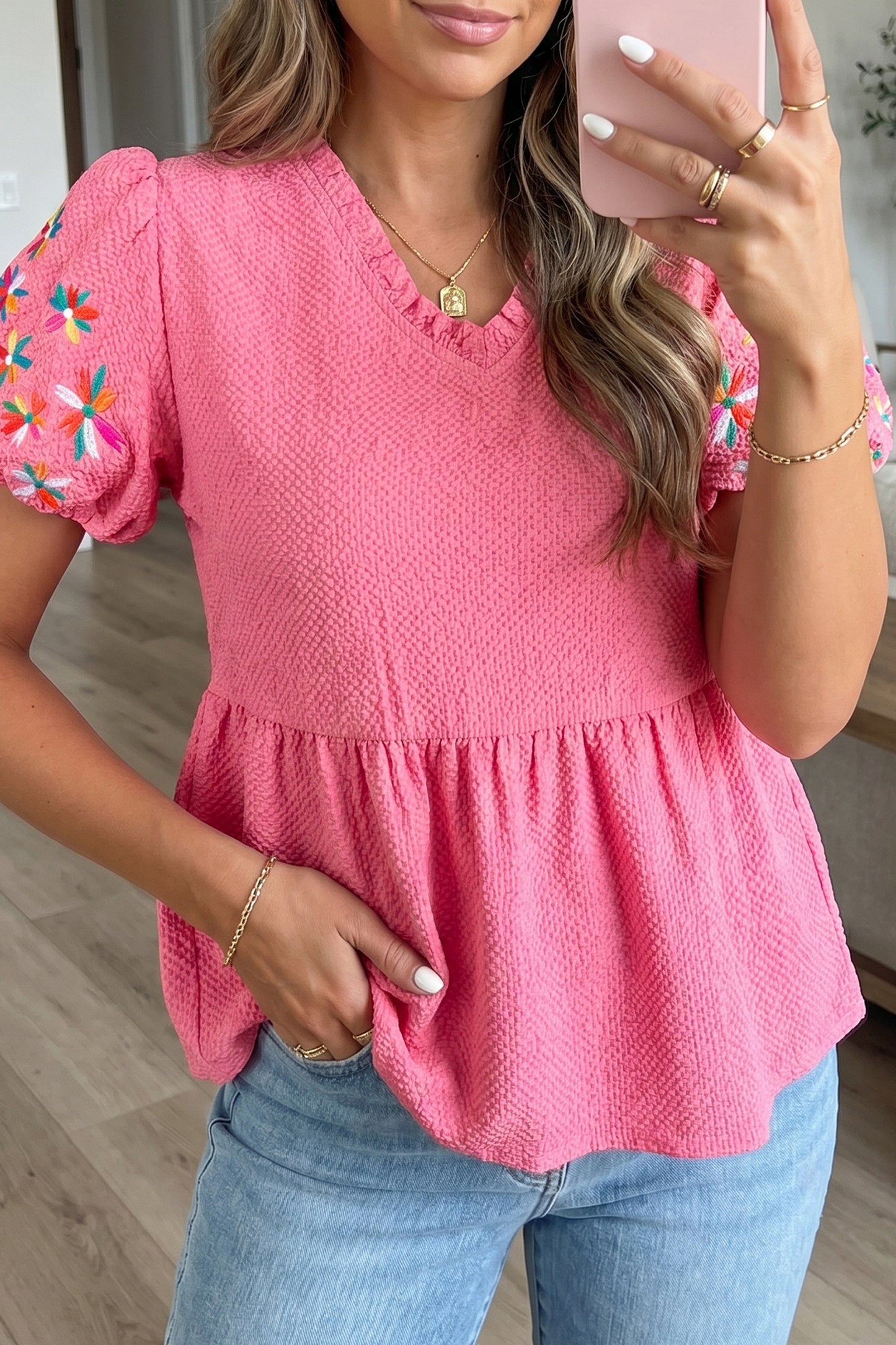 Mint Green Frilled V Neck Flower Embroidered Puff Sleeve Textured Blouse