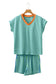 Pink Stripe Colorblock Trim V Neck Tee Drawstring Elastic Waist Short Set