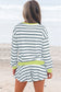 Black Stripe Contrast Ribbed Banding Long Sleeve Blouse Loose Shorts Set