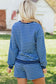 Blue Stripe Drop Shoulder Long Sleeve Pullover Elastic Waist Casual Short Set