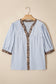 Pink Stripe Leopard Trim V Neck Button Down Half Sleeve Shirt