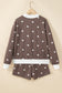 Brown Polka Dot Ribbed Trim Long Sleeve Top Casual Short Set