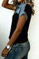 Black Textured Knit Denim Color Block Patchwork Collar Button Down Shirt