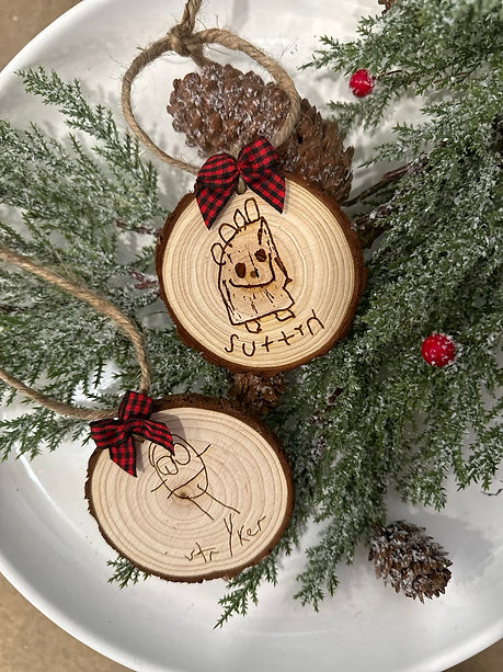Custom Kids Drawing Ornament on Wood Round