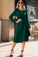 Blackish Green Solid Color Ruched Detail Long Sleeve Midi Dress