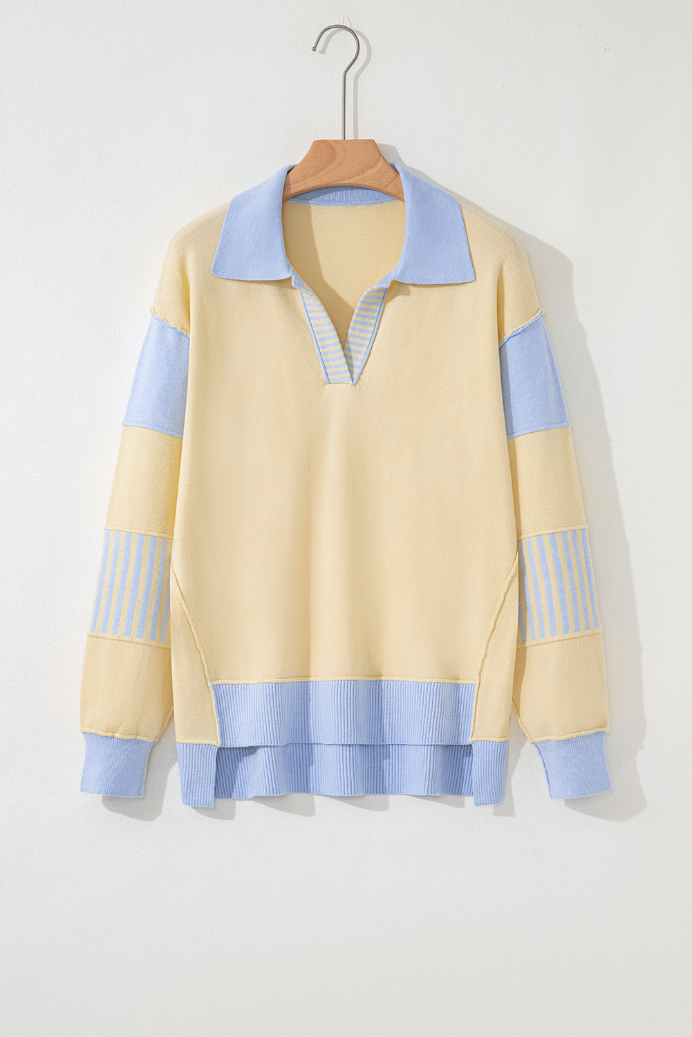 Pink Contrasting Polo Collar Color Block Knit Drop Shoulder Sweater