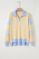 Pink Contrasting Polo Collar Color Block Knit Drop Shoulder Sweater