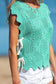 Beau Blue Pointelle Knit Patterned Scalloped Trim Short Sleeve Sweater