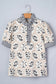 White Floral Print Striped Patchwork Button Neck Short Sleeve Blouse