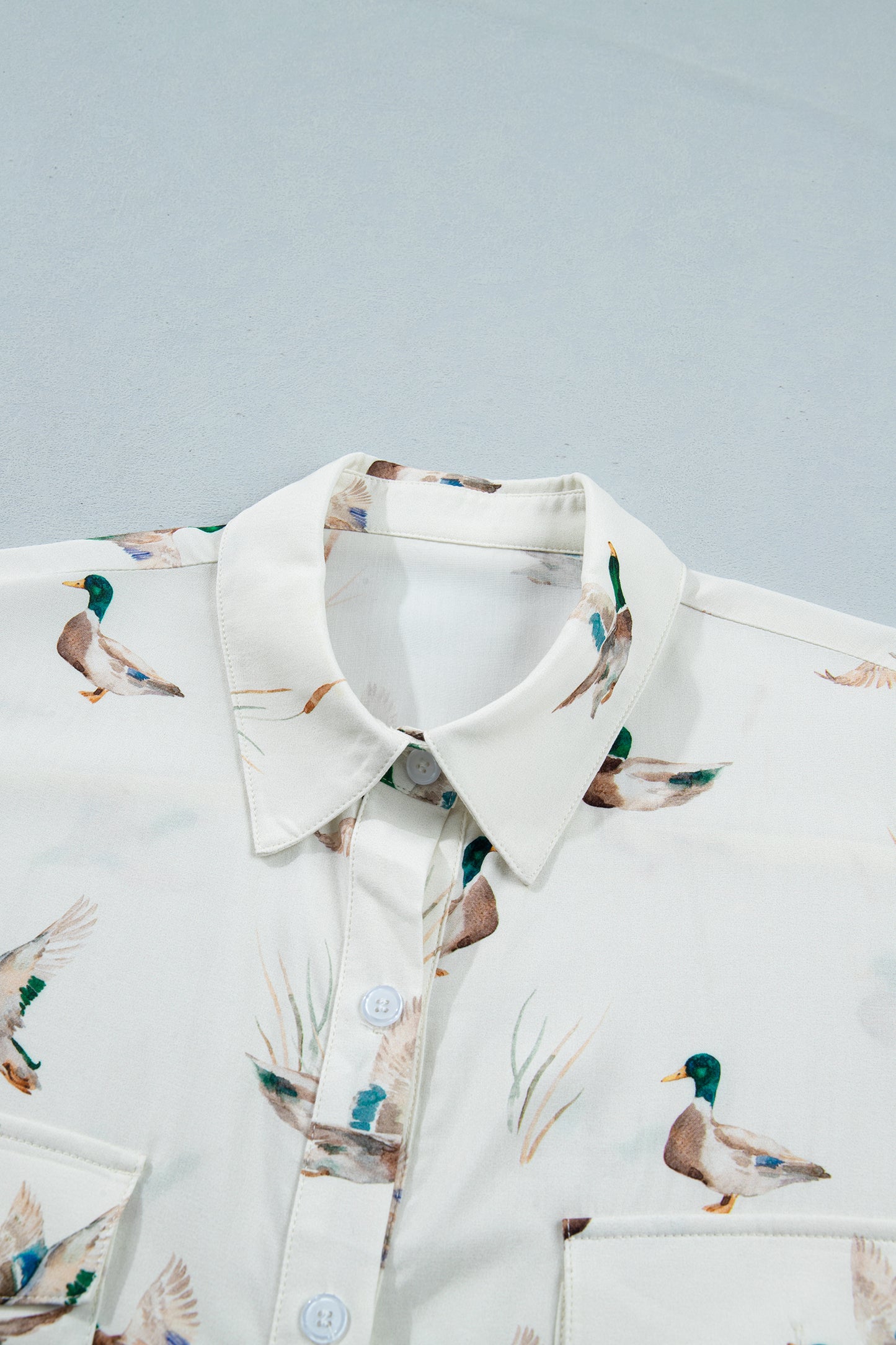 White Mallard Printed Button Flap Pocket Short Sleeve Shirt